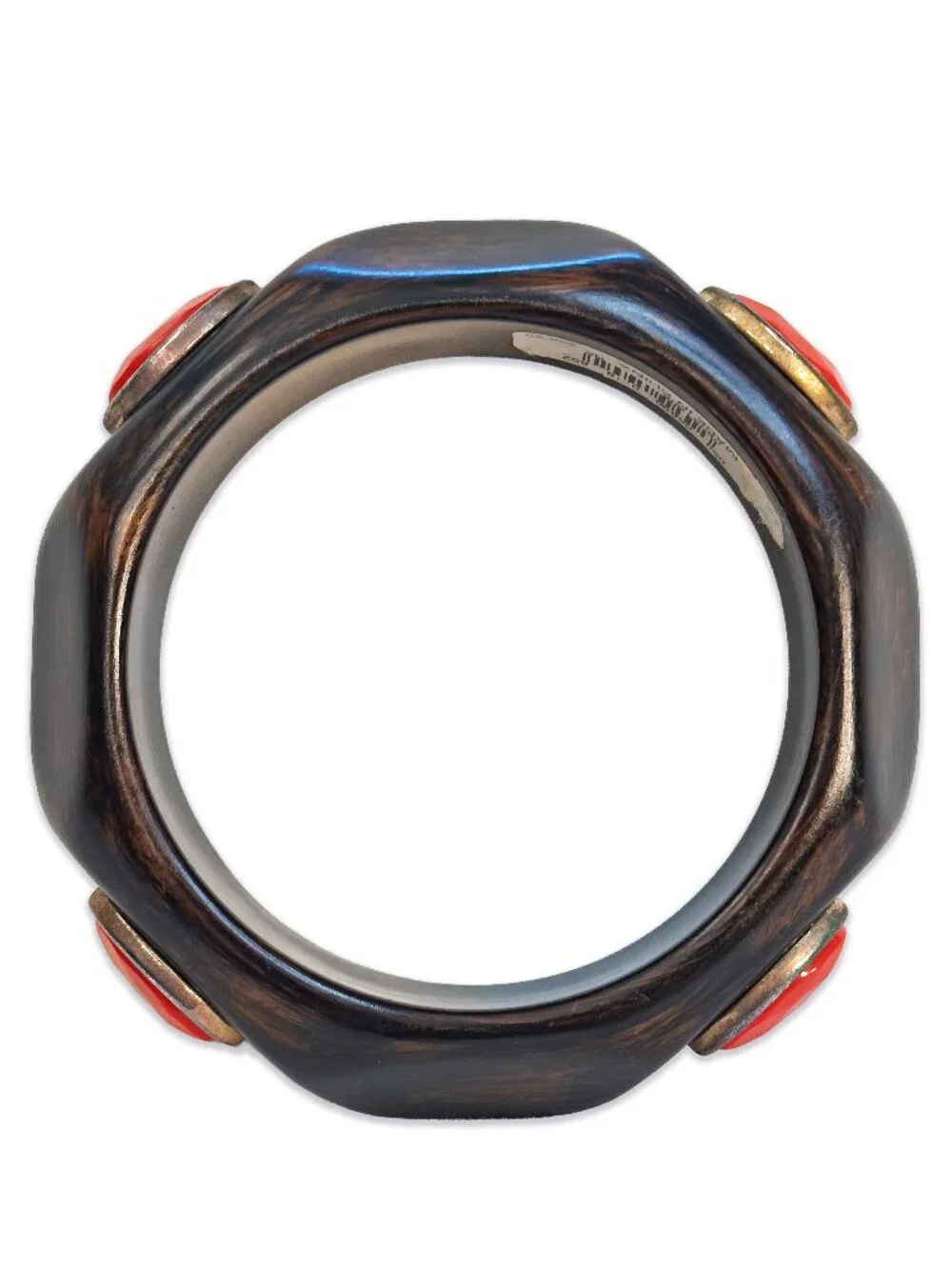 Lucite Faux Wood Bangle Fashion Bracelet with Red Cabochon Inlays